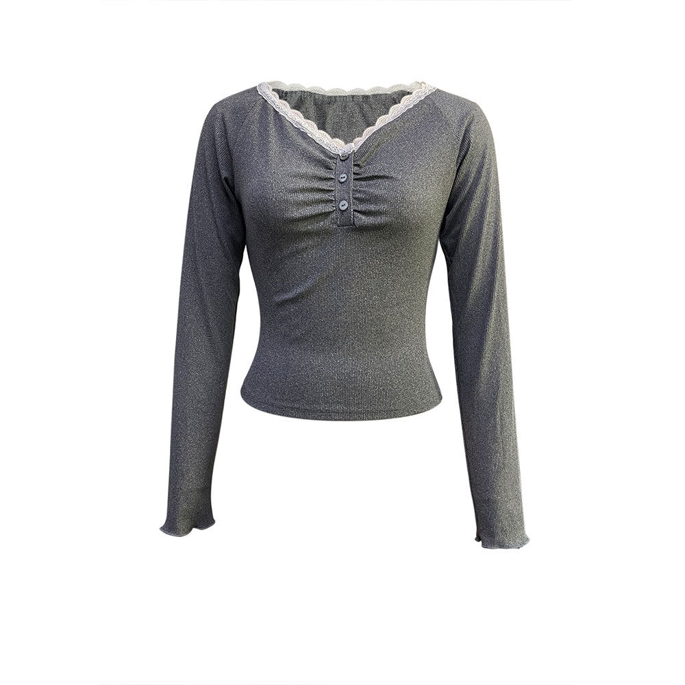Damen Langarmshirt Spitze Knopfleiste Norvielle