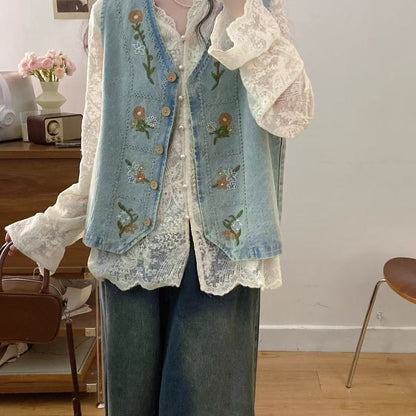Damen Denimweste Florales Stickdesign