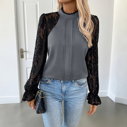Damen Bluse Spitzenärmel Stehkragen Elegante Bluse