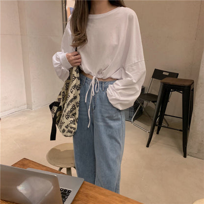 Damen Cropped Sweatshirt Oversized Ärmel Kordelzug Grau