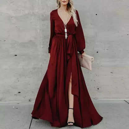Damen Maxi-Kleid Fließender Stoff Tiefes Dekolleté Schwarz - Norvielle