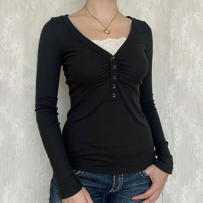 Damen Langarmshirt V-Ausschnitt Knöpfe Norvielle - Norvielle