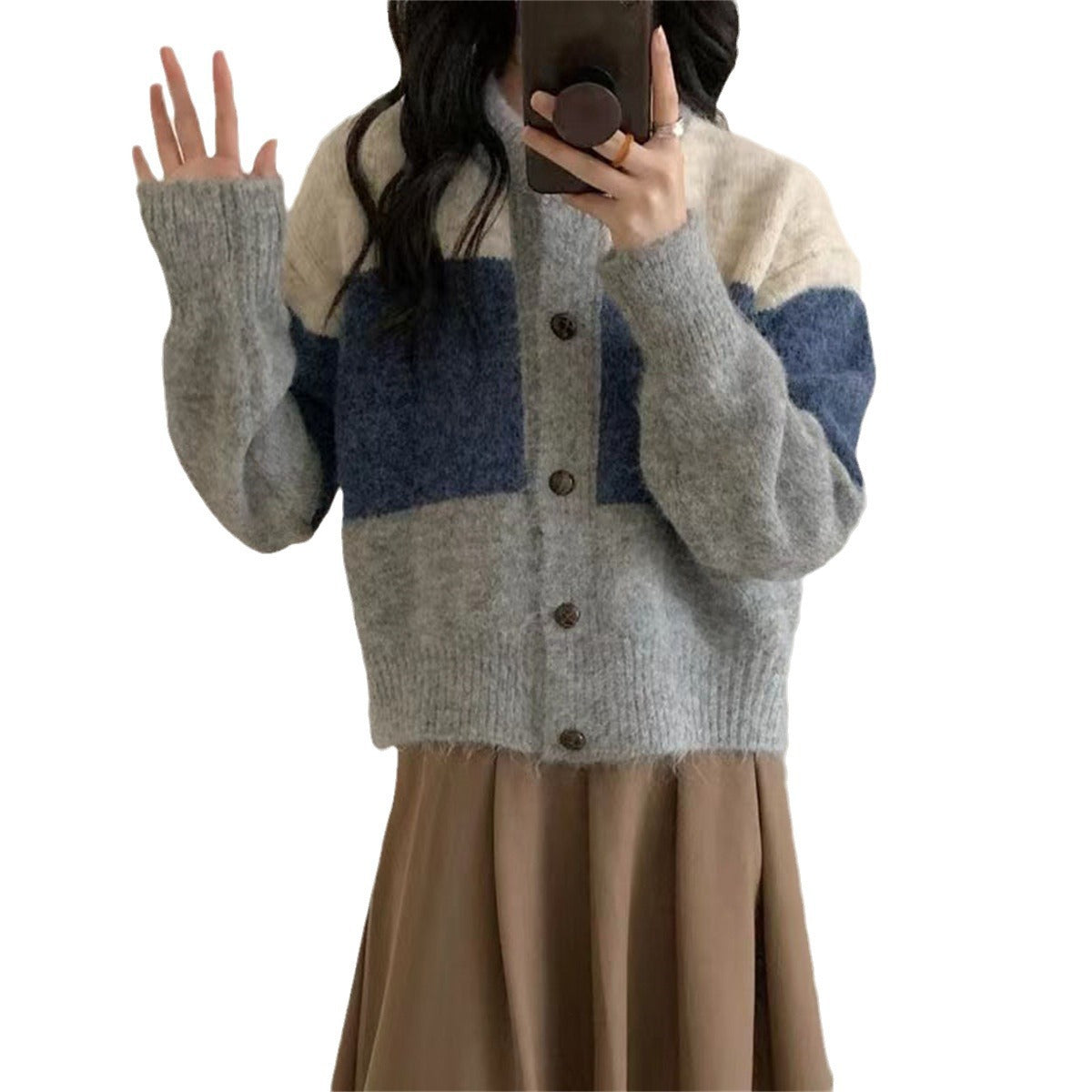 Damen Grobstrickjacke Knöpfe Farbblockdesign