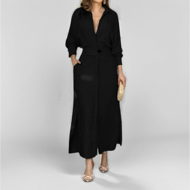 Damen Hemdblusenkleid V-Ausschnitt Elegantes Knopfdesign Schwarz - Norvielle