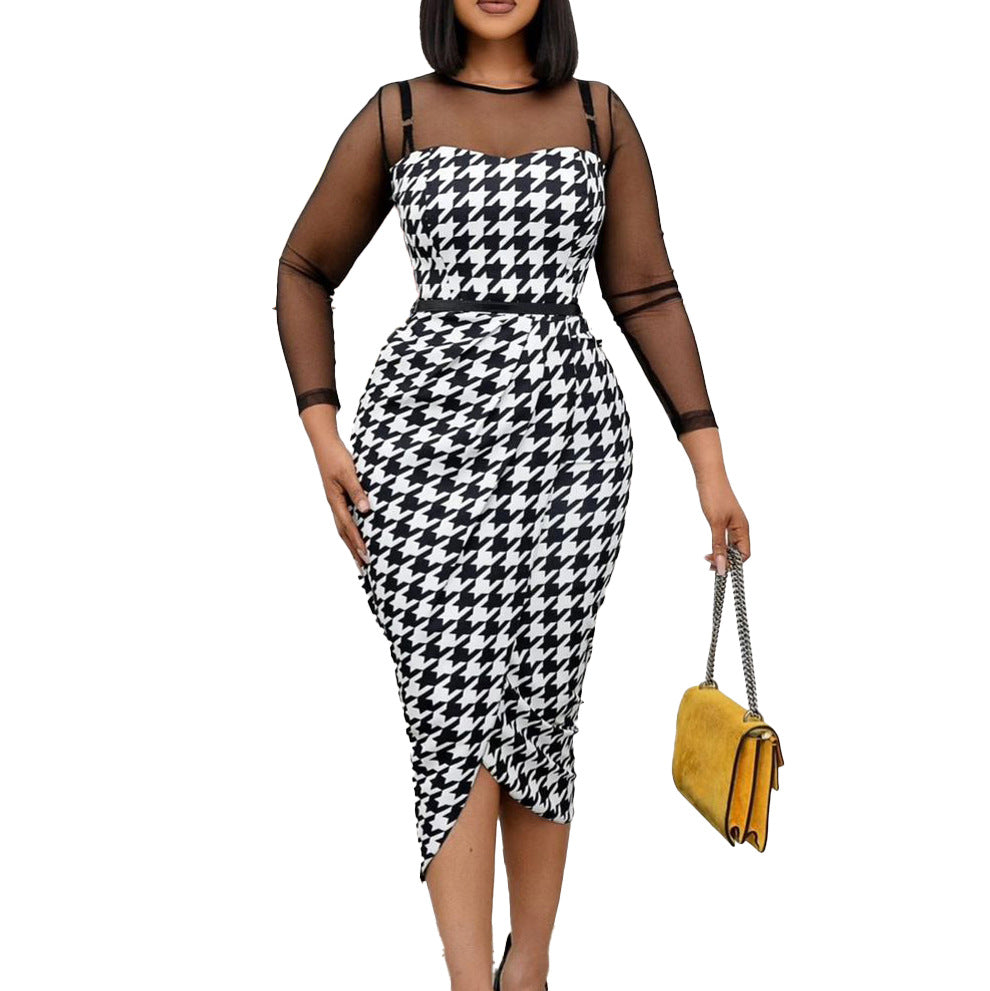 Damen Kleid Langarm Hahnentritt-Design