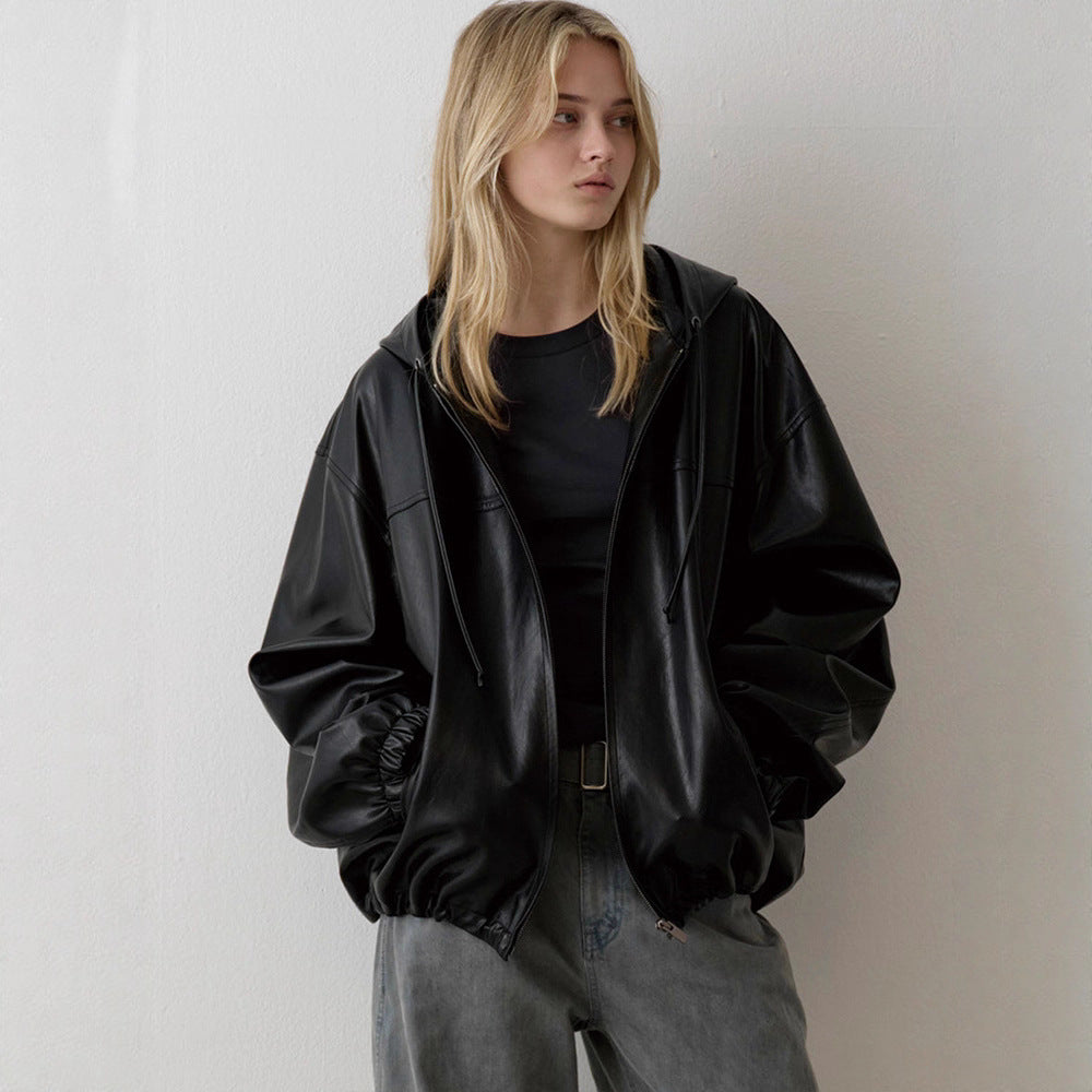 Damen Kunstlederjacke mit Kapuze