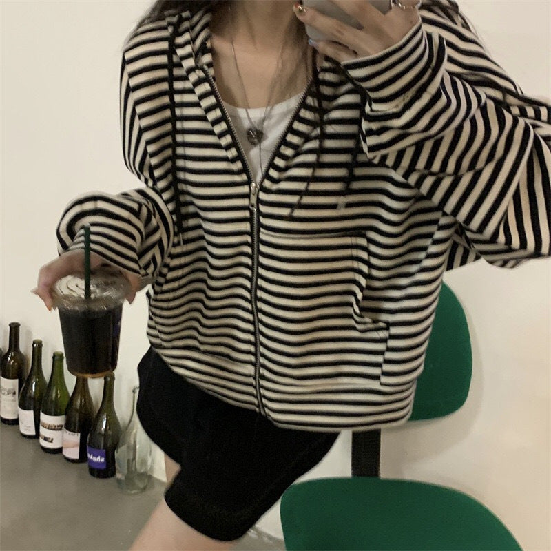 Damen Zip-Hoodie Gestreift Lässiger Schnitt Tiefes Rot