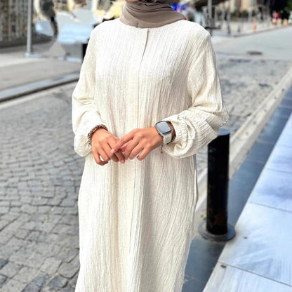 Damen Langarmkleid mit Rüschensaum aus Strukturstoff