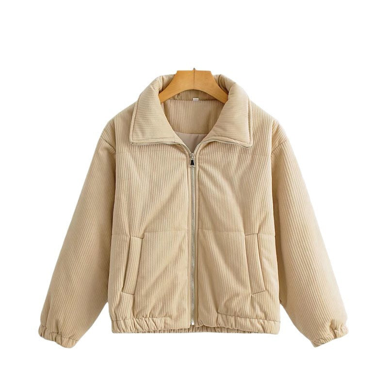 Damen Cordjacke Elastische Bündchen Hochkragen Beige