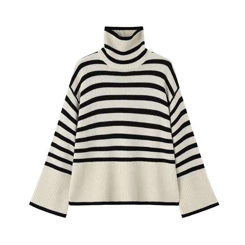 Damen Strickpullover Gestreift Komfortschnitt Beige