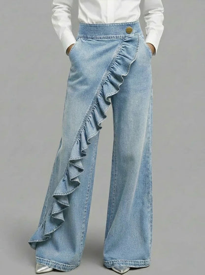 Damen Weite Jeanshose Rüschendetail