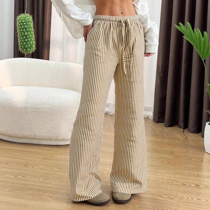 Damen Hohe Bundhose Gestreift Weiß