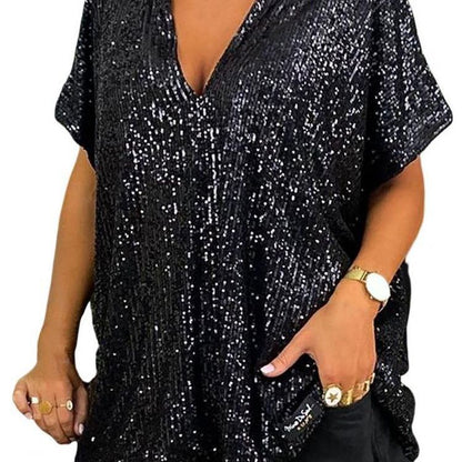 Damen Paillettentop Lässiger Schnitt V-Ausschnitt Glitzernd Norvielle