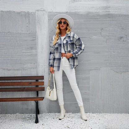 Damen Karobluse Weiches Flanell Knopfleiste