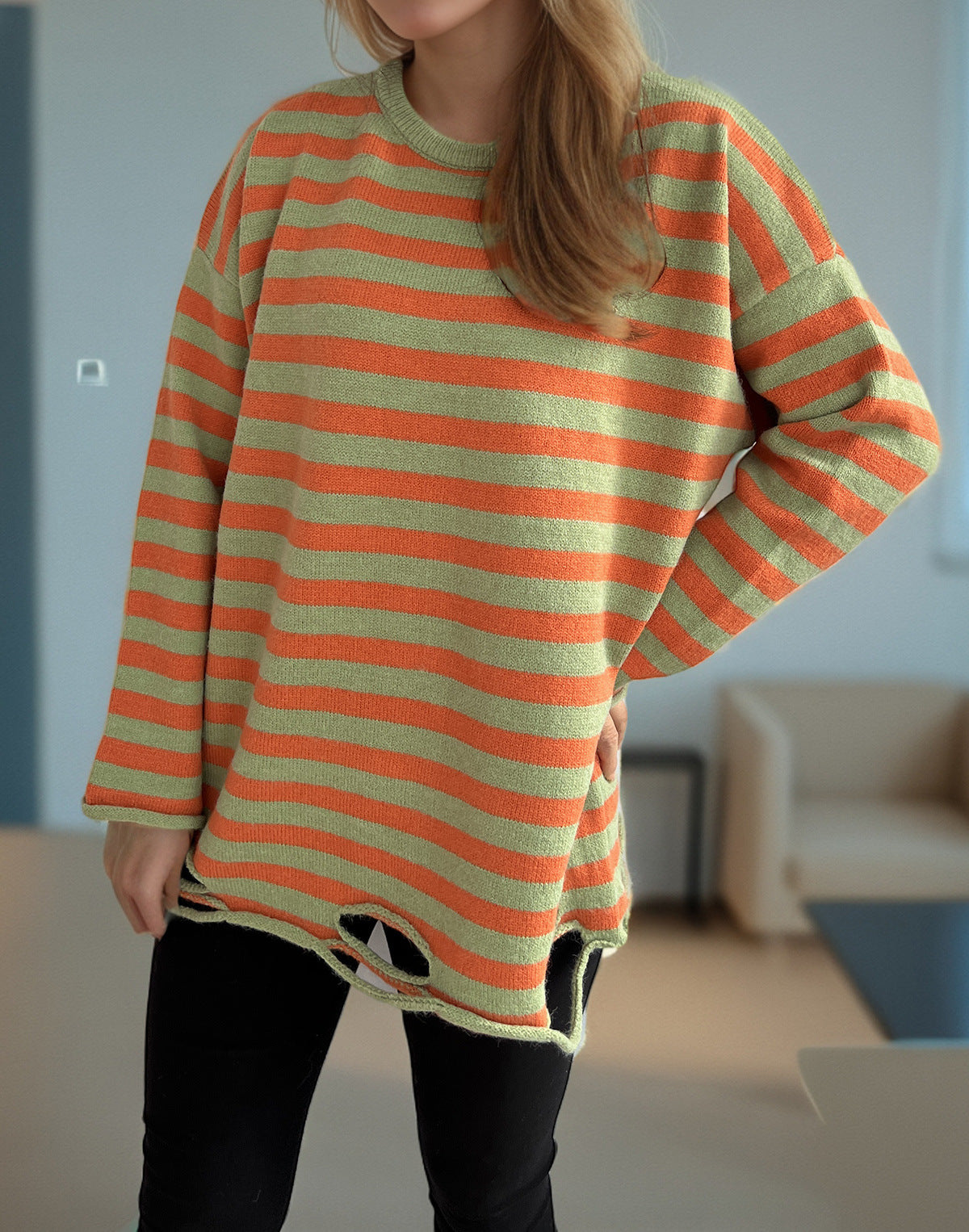 Damen Oversized-Pullover aus Strickstoff mit lässigem Streifenmuster