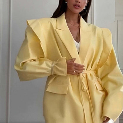 Damen Oversized Blazer mit Taillengürtel und Puffärmeln
