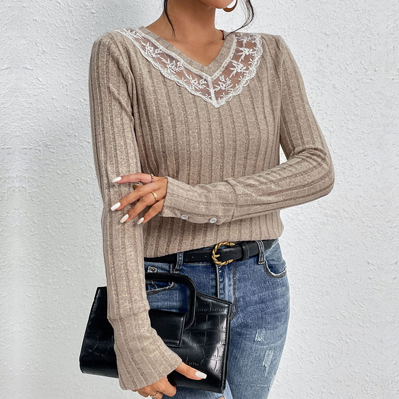 Damen Langarmshirt Spitzenakzente Gerippt Weiß