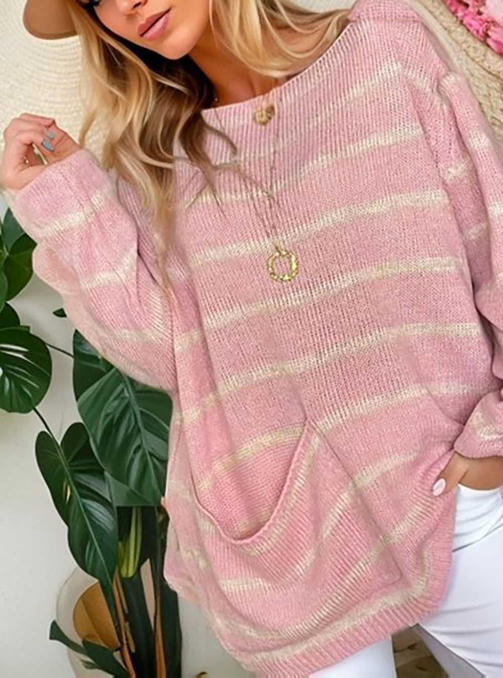 Damen Strickpullover Langer Ärmel Große Taschen Norvielle