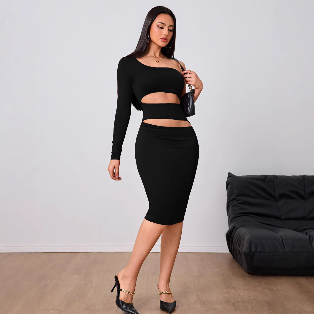Damen Cut-Out-Midi-Kleid Asymmetrisch Langärmlig Norvielle