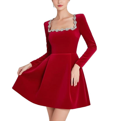 Damen Cocktailkleid Quadratischer Ausschnitt Kristallbesatz