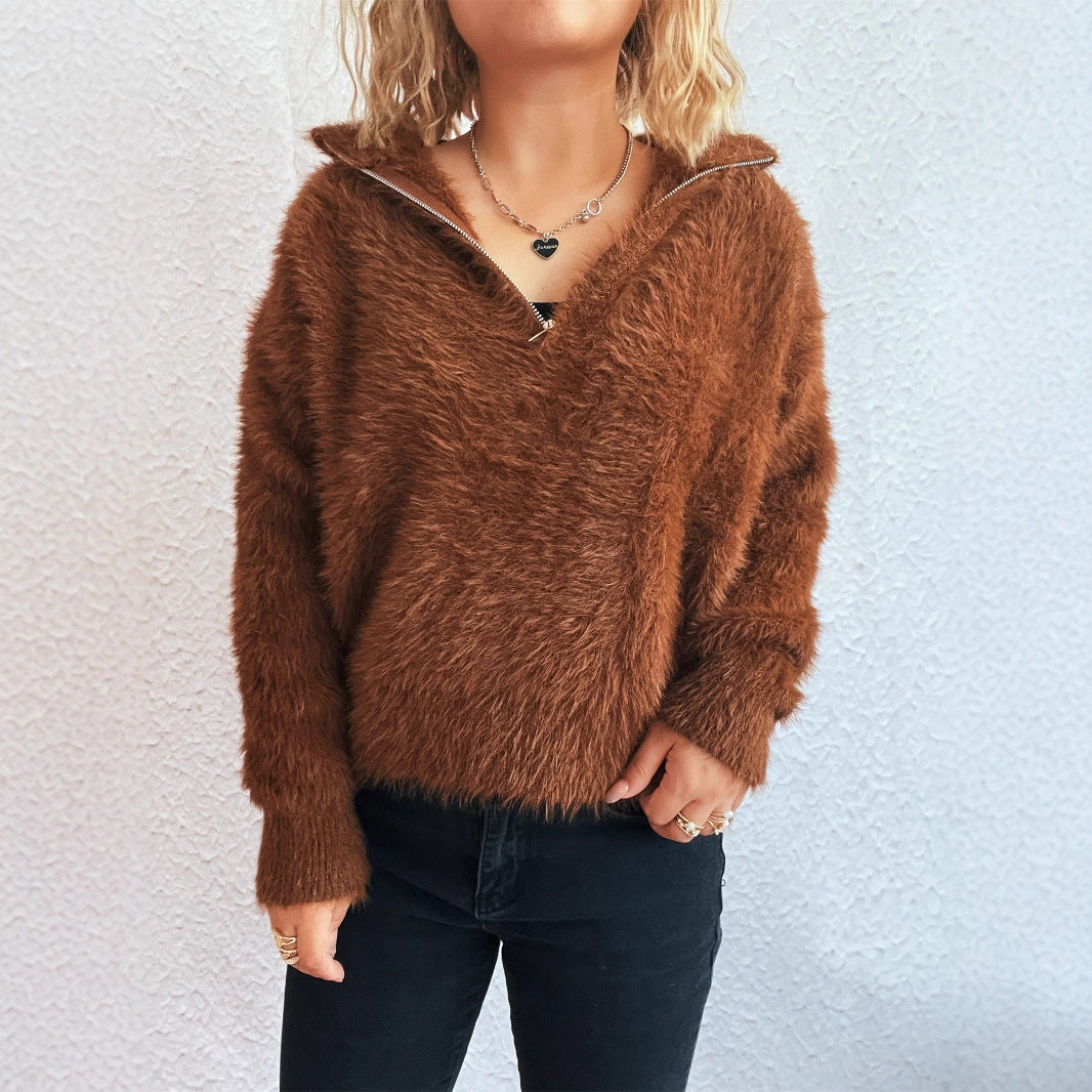 Damen Pullover Kuschelig Hochkragen Reißverschluss
