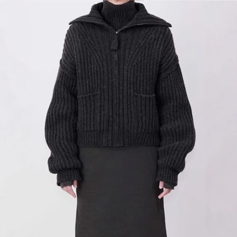 Damen Grobstrickpullover mit hohem Kragen und Taschen Norvielle - Norvielle