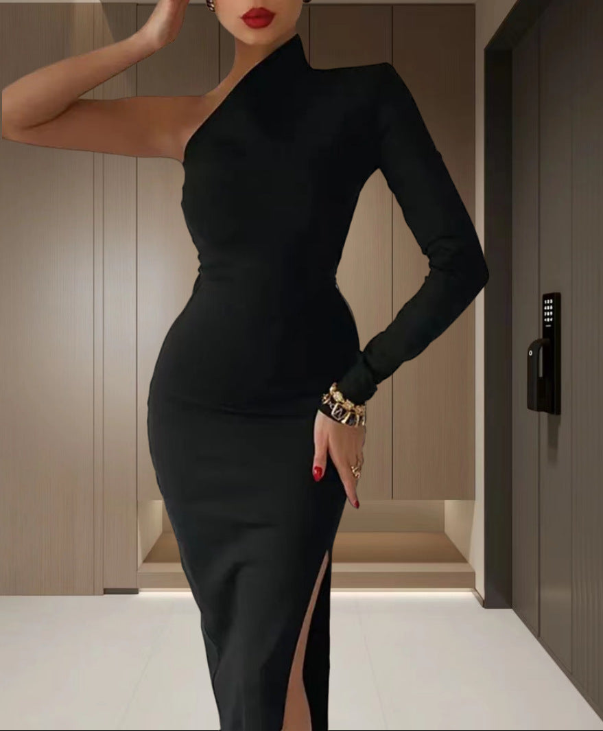 Damen Abendkleid Asymmetrisch Langarm Hochschlitz Norvielle