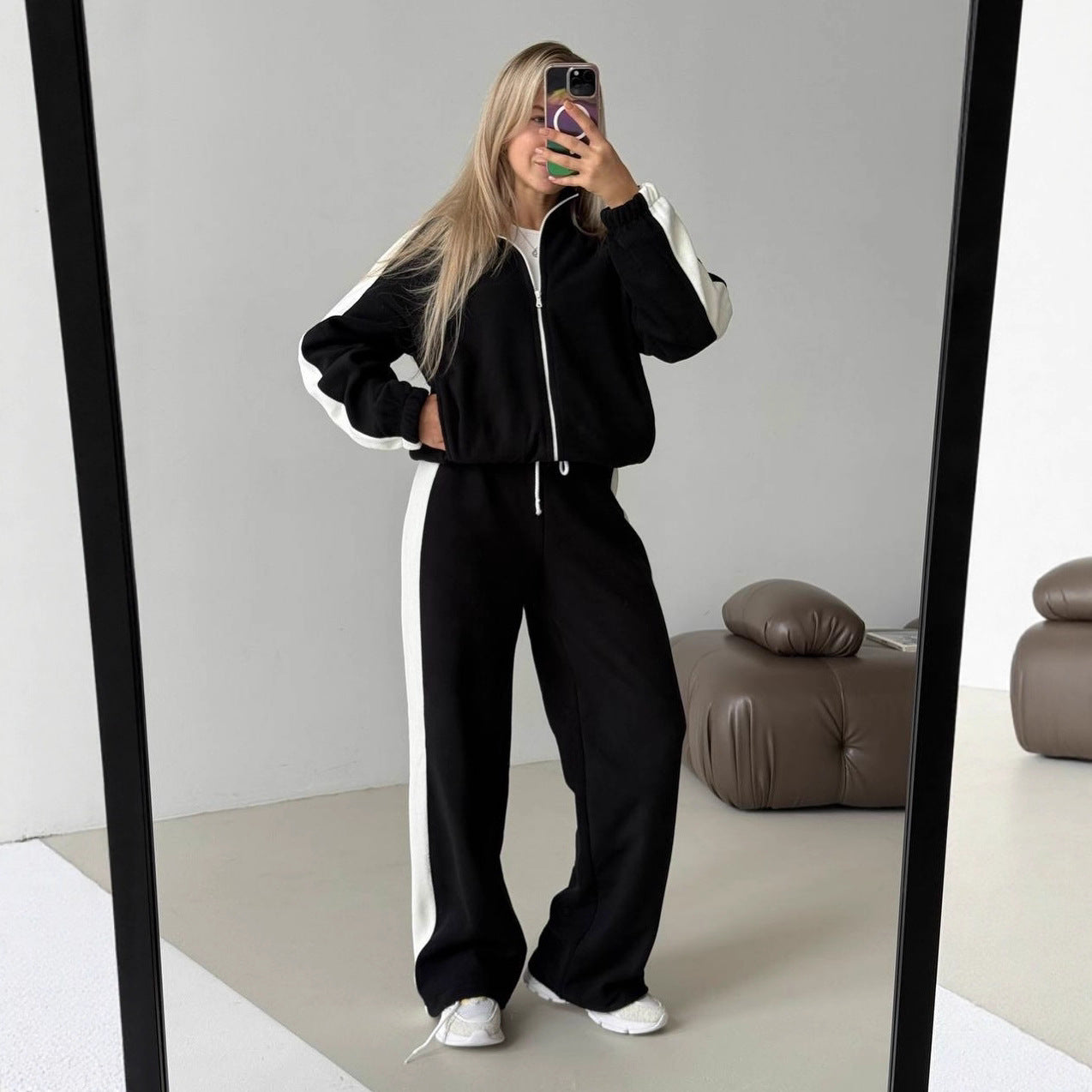 Damen Fleece-Jogginganzug Sportlich Hochkragen Seitliche Streifen