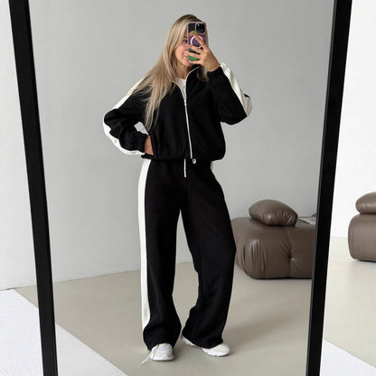 Damen Fleece-Jogginganzug Sportlich Hochkragen Seitliche Streifen