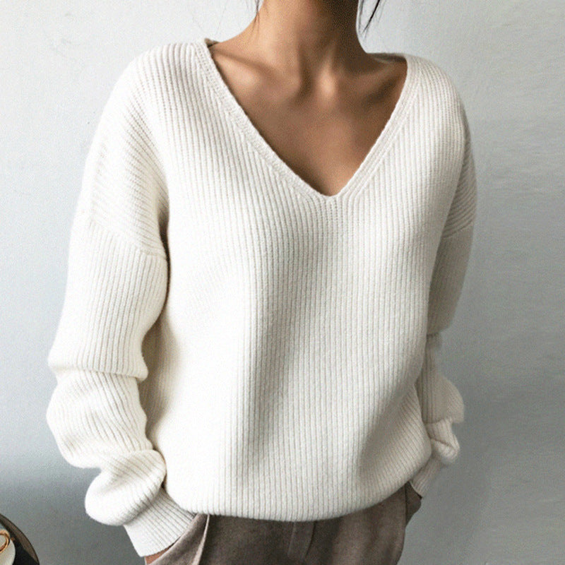 Damen Pullover V-Ausschnitt Rippstruktur Kuschelfleece Beige