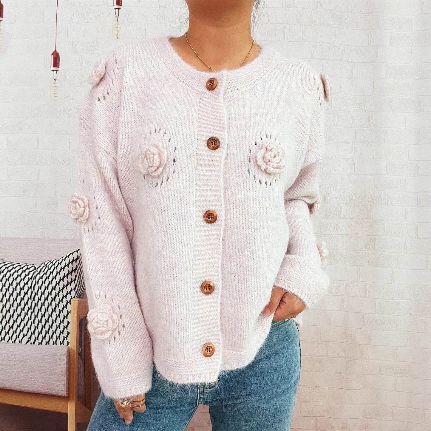Damen Strickjacke mit Floralmuster und Knöpfen Norvielle
