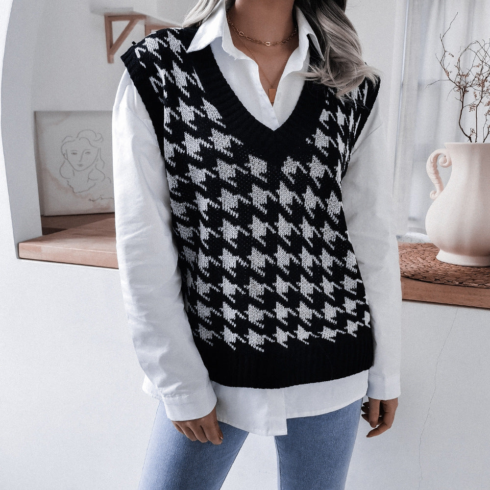 Damen Rippstrick-Weste V-Ausschnitt Hahnentritt-Design