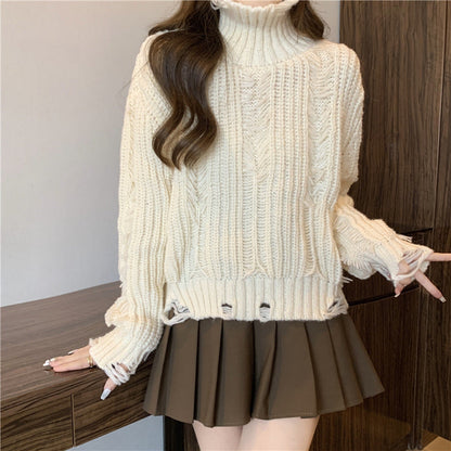 Damen Grobstrickpullover Hochkragen Fransen Norvielle