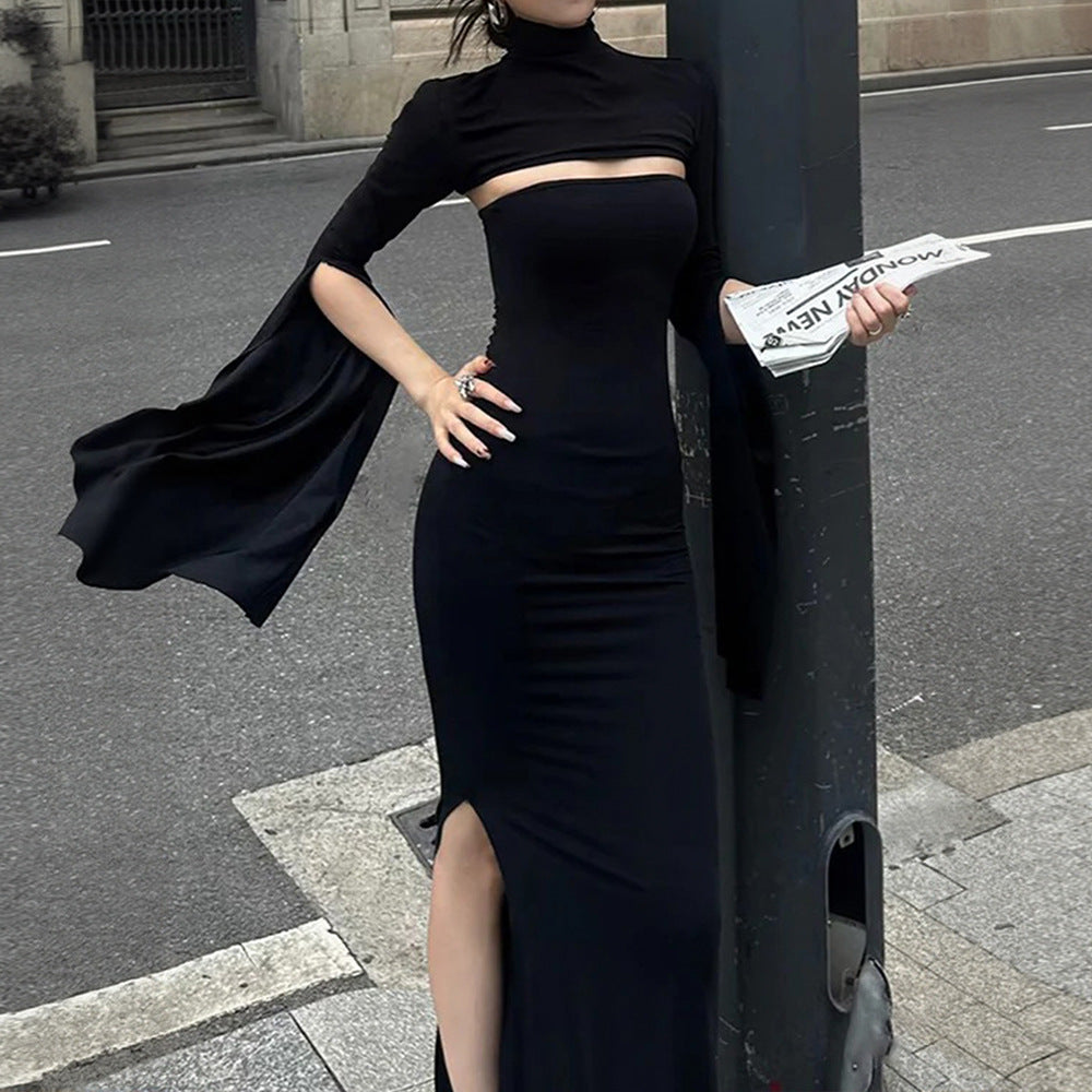 Damen Maxikleid Asymmetrischer Cut-Out Puffärmel Elegant Norvielle