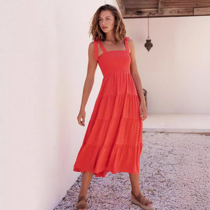 Damen Maxikleid Luftig Rüschendetails Spaghettiträger Norvielle