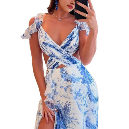 Damen Maxikleid Romantische Rüschen Floraler Schnitt