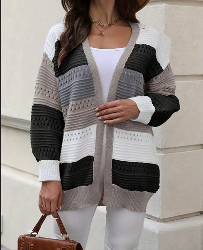 Damen Strickcardigan Groß Lochmuster Farbblock Norvielle
