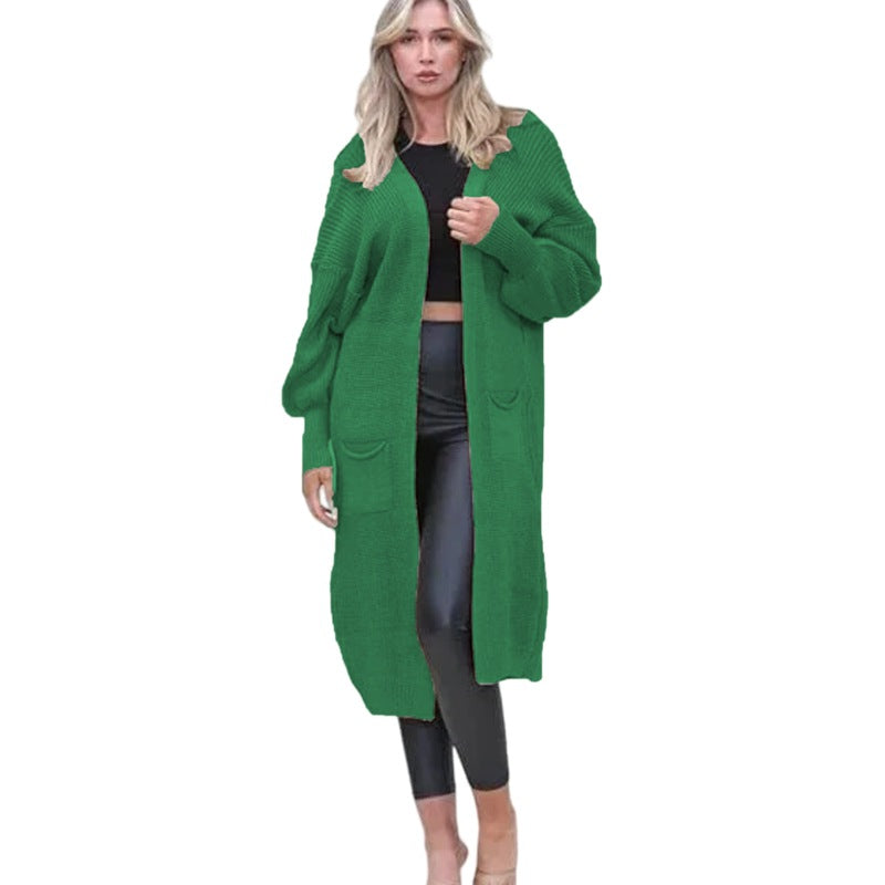 Damen Grobstrick Cardigan Offene Taschen Lässig Beige