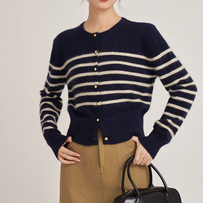 Damen Strickjacke Gestreift Feines Material Goldene Knöpfe - Norvielle