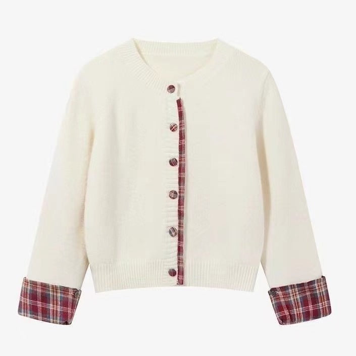 Damen Strickjacke Karomuster Elegante Knöpfe Beige