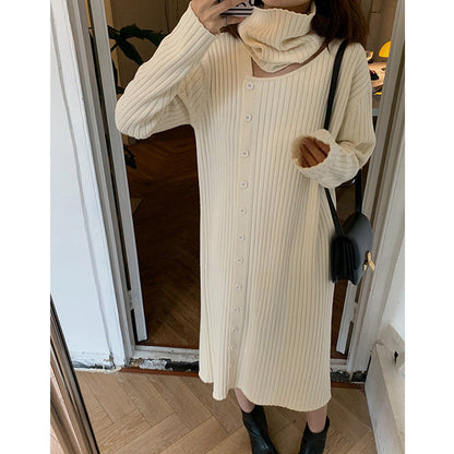 Damen Strickkleid Weiter Rollkragen Durchgehende Knopfleiste Norvielle