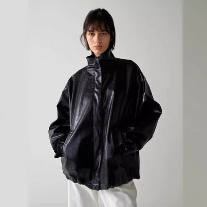 Damen Lederjacke Oversized mit hohem Kragen