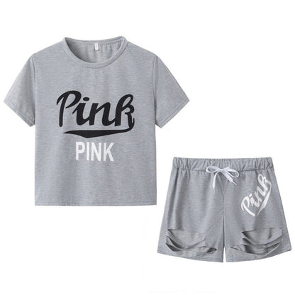 Damen Sportset Weites T-Shirt und Shorts Kontrast-Aufdruck Grau