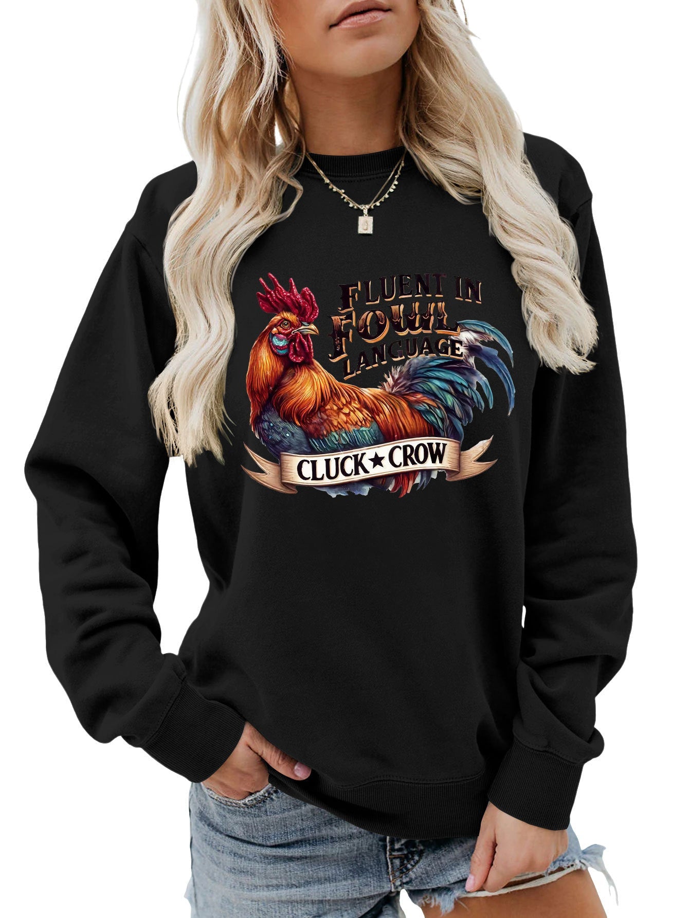 Damen Sweatshirt Hühnermotiv Bequem Grau