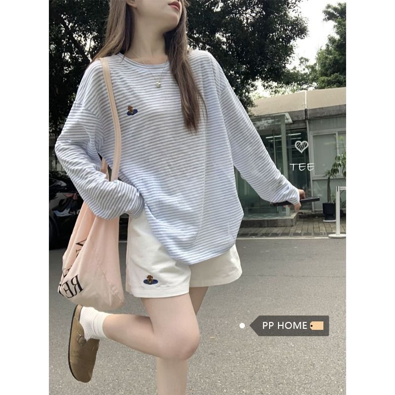 Damen Langarm-T-Shirt Streifenmuster Gestickt Weiß - Norvielle