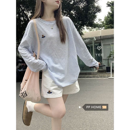 Damen Langarm-T-Shirt Streifenmuster Gestickt Weiß - Norvielle