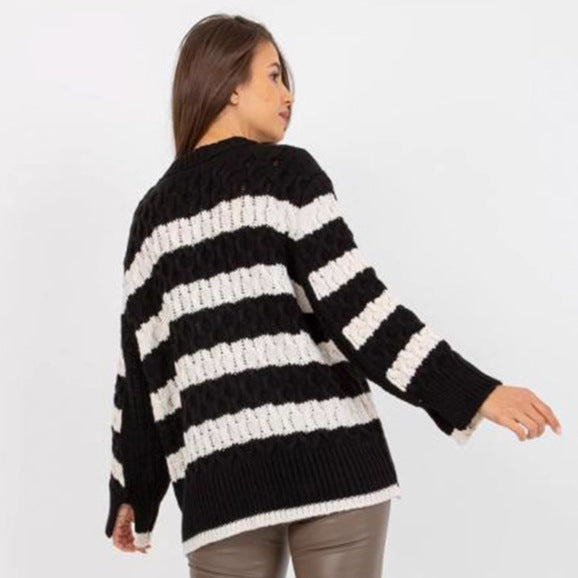 Damen Strickpullover Gestreift Voluminöse Ärmel Einzigartiges Muster