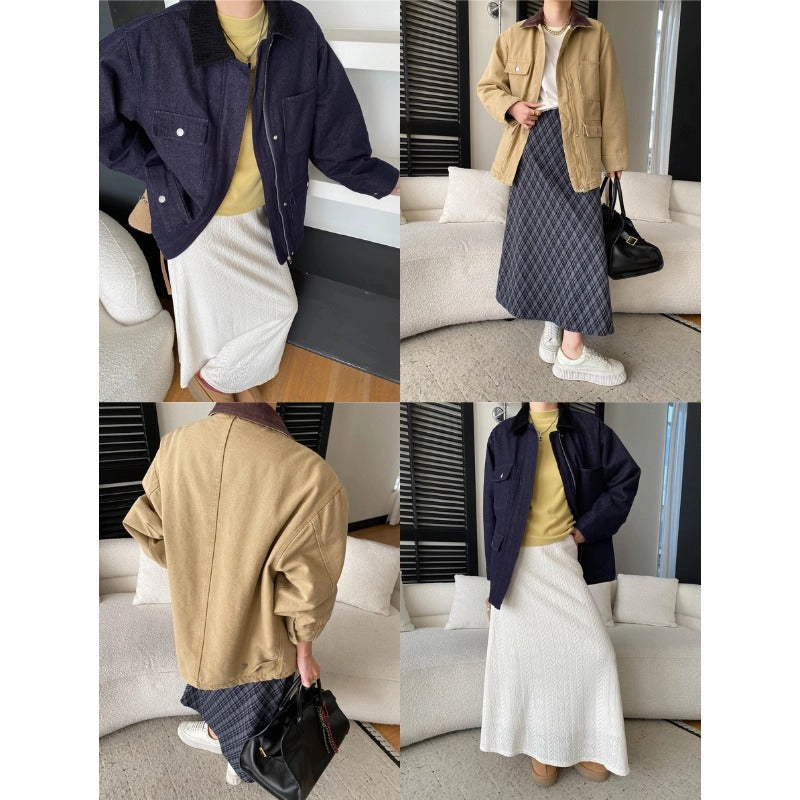 Damen Utility-Jacke Lässig Praktische Taschen Umschlagbarer Kragen