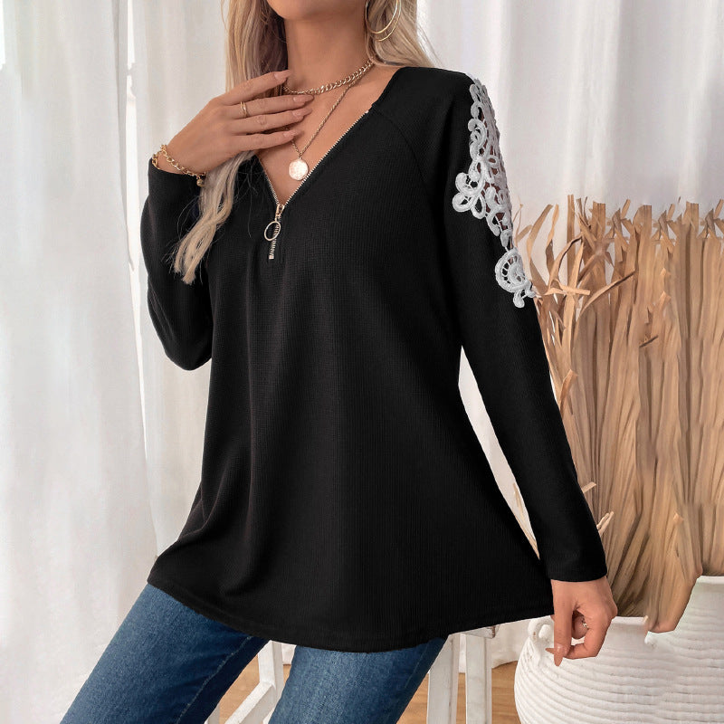 Damen Langarmshirt mit Reißverschluss und Spitze Norvielle