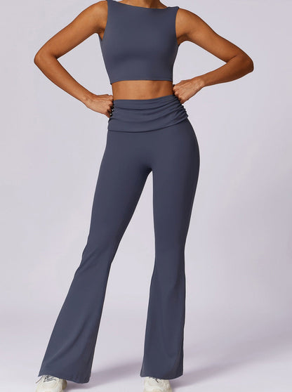 Damen High-Waist Flare Leggings Dunkelblau mit Faltbund